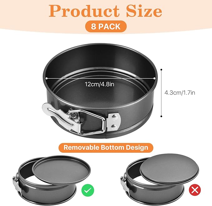 8 Pcs 4.8 Inch Springform Pans, Mini Round Cheesecake Pans with Removable Bottom, Steel Nonstick Cake Pans for Baking, Pizzas and Quiches