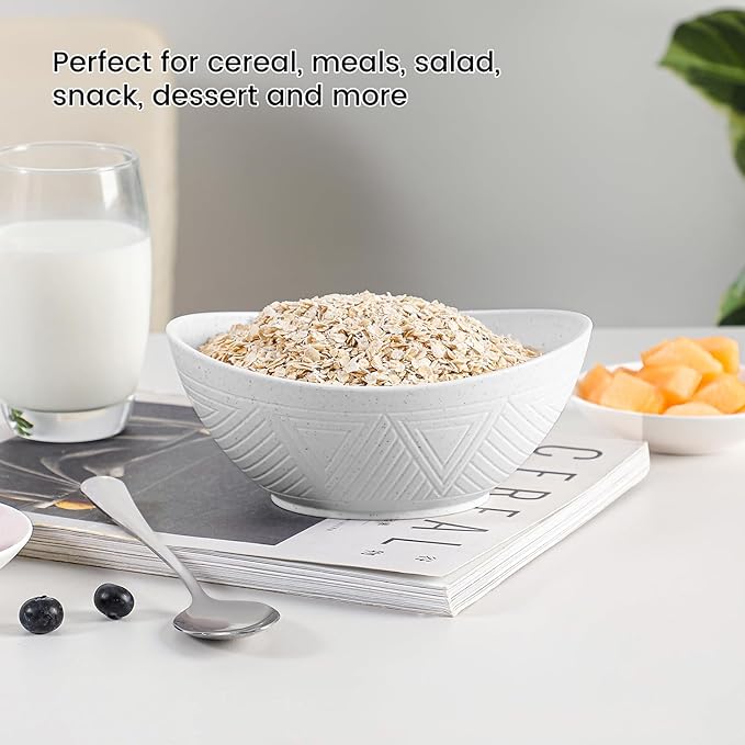 Wheat Straw Bowls Set of 4, Unbreakable Plastic Bowls Reusable, Microwave Safe Cereal Bowl for Camping, RV, Apartment, Party, Kitchen Bowl for Serving, Eating, Soup, Popcorn (26 OZ, White)