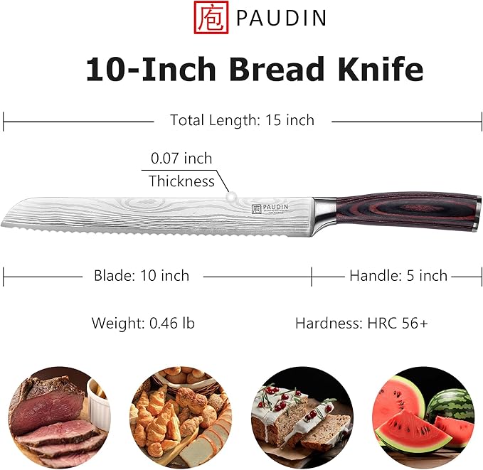 PAUDIN Bread Knife, 10 inch Serrated Knife, German Stainless Steel Bread Knife for Homemade Bread, Razor Sharp Edge for Efficient Slicing Sourdough Bread, Bagels, Cake