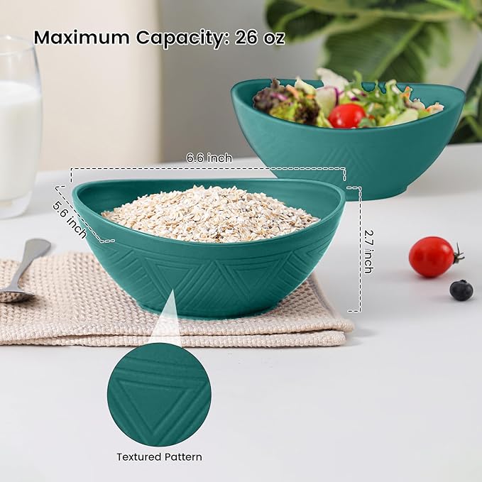 Wheat Straw Cereal Bowls Set of 4, Plastic Bowls Reusable 26 OZ, Unbreakable Bowl for Kitchen, Salad, Fruit, Cereal, Popcorn, Dishwasher and Microwave Safe Serving Bowl for Camping - Green
