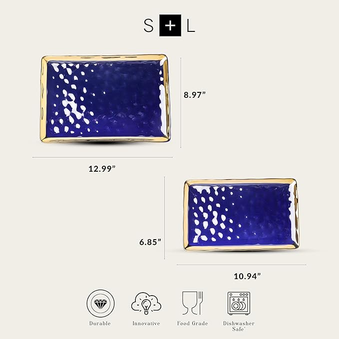 Stone Lain Florian Porcelain Large and Medium Rectangle Service Platters, Blue with Gold Rim
