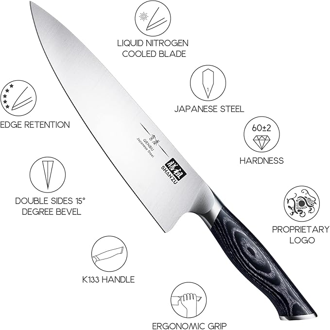 SHAN ZU 8 inch Japanese Chef Knife, Chefs Knife Kitchen Knives, Japanese Super Steel Sharp Chef's Knives with K133 Ergonomic Handle, Black Tortoise Genbu Series