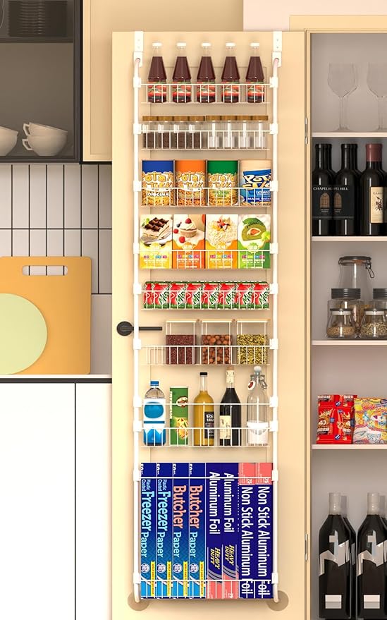 8-Tier Over The Door Pantry Organizers, Pantry Door Organizer and Storage with Adjustable Baskets,Heavy-Duty Metal Spice Rack,essential kitchen and home Shelves (white)
