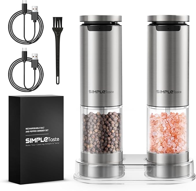 SIMPLETASTE Electric Salt and Pepper Grinder Set Rechargeable with LED Light, Stainless Steel, 70g Capacity for Kitchen, Dining Room, Bar