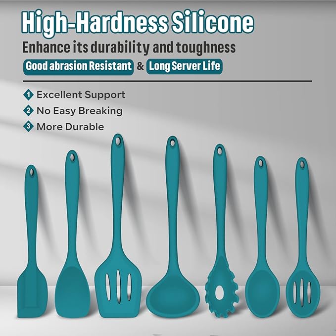 Silicone Cooking Utensils Set, E-far 7-Piece Blue Heat Resistant Kitchen Utensils Set, Kitchen Nonstick Tools Spatula Ladle Spoon Pasta Server for Non-stick Cookware, Non-Toxic & Dishwasher safe