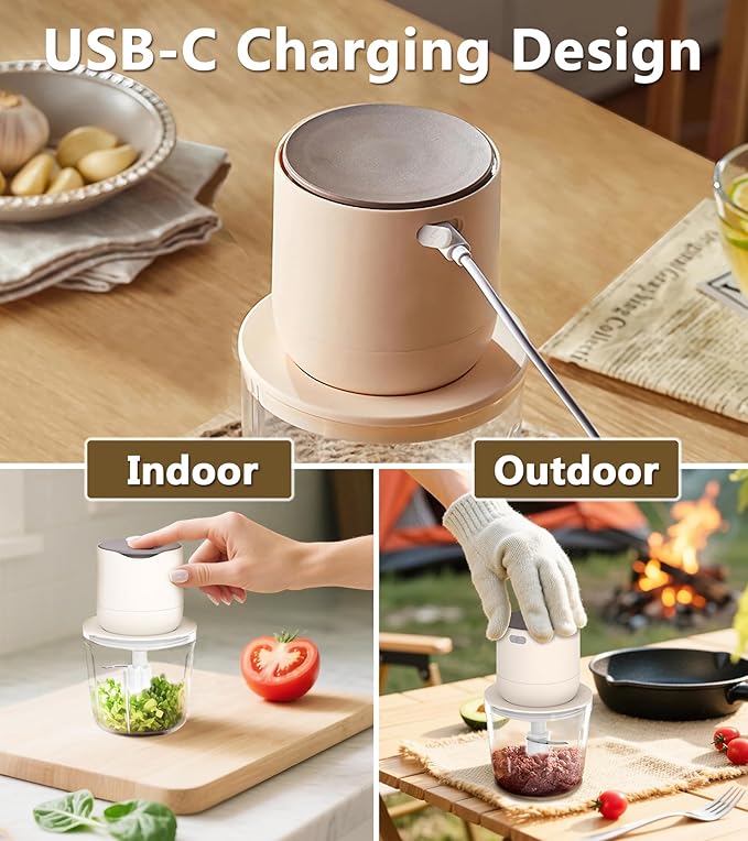 4-in-1 Small Food Processor Cordless Set with 600ml Glass Bowl, 3*240ml Stainless Steel Bowls and 3+4 Blades, USB-C Rechargeable Battery Mini Meat Vegetable Chopper, Electric Kitchen Blender Wireless