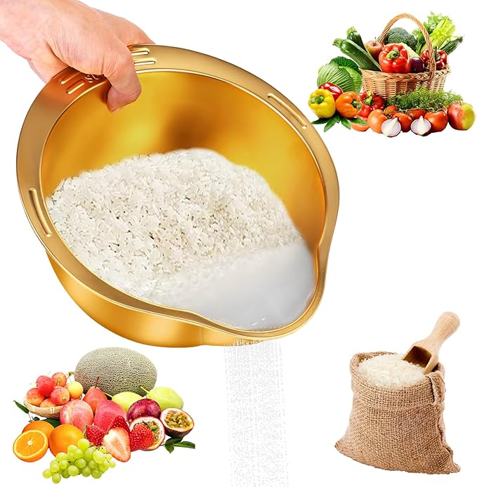 KesaPlan Rice Washer Strainer Bowl, 4-in-1 Washer Bowl Stainless Steel Rice Rinser Strainer Sink Colanders With Side Drainers for Cleaning Fruits, Vegetables, and Beans, Versatile Kitchen Tool