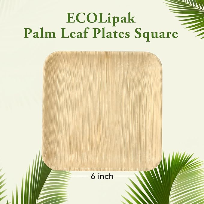 ECOLipak 6 Inch Compostable Palm Leaf Plate Like Bamboo Plate, 50 Pack Disposable Biodegradable Plates Suitable for Party, Dinner