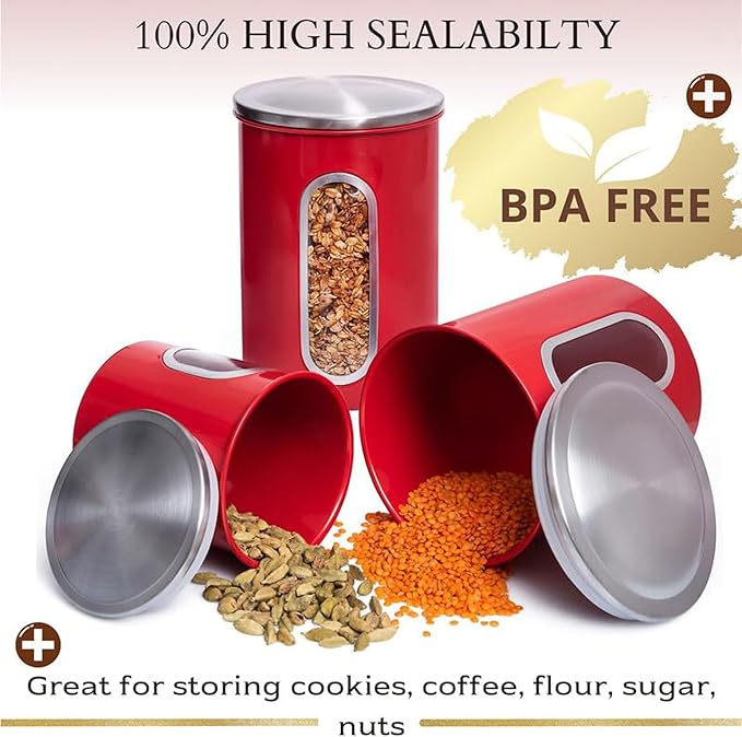 Mixpresso 3-Piece Red Canisters Sets For The Kitchen, Airtight Canister Set With See Through Window, Storage Jars for Coffee Container, Tea Organizer & Sugar Canister, Red Kitchen Canisters