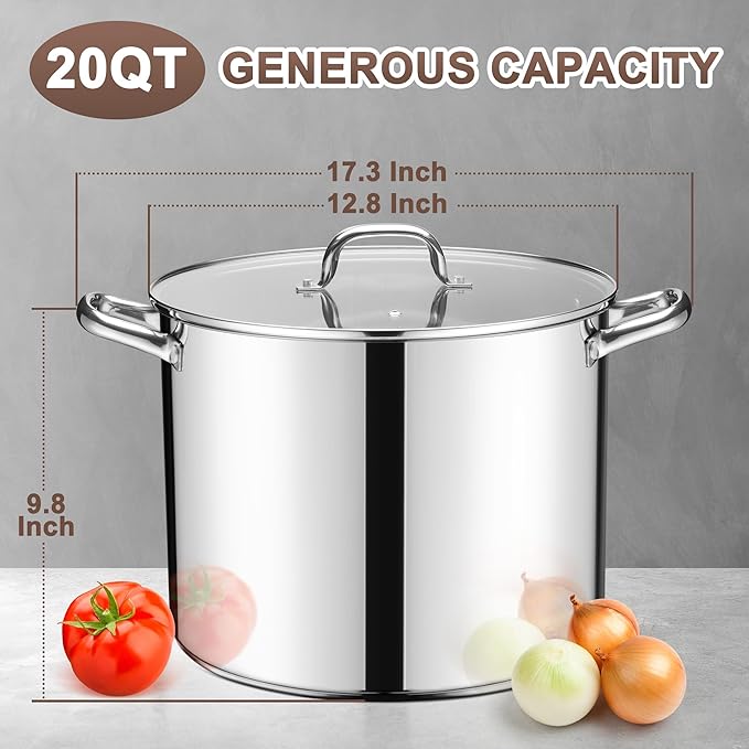 20 Qt Large Stock Pot, E-far Stainless Steel Stockpot with Lid for Boiling Cooking Soup Stew Canning, Heavy Duty Tri-Ply Bottom Works w/Induction, Commercial Grade & Dishwasher Safe