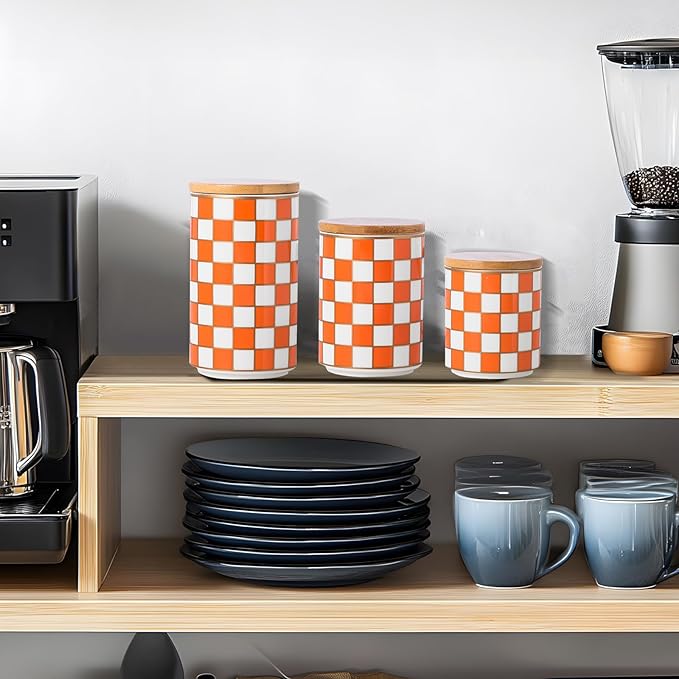 Kitchen countertop ceramic grid pattern airtight jar set - a set of 3 kitchen jars with layered shelves, sealed countertop flour and sugar containers, coffee and tea storage (Orange)
