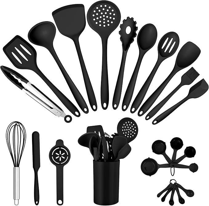 E-far Silicone Cooking Utensils Set, 25 Piece Kitchen Utensils with Holder, Non Toxic Kitchen Tools Spatula, Turner, Spoon, Ladle for Nonstick Cookware, Heat Resistant & Dishwasher Safe - Black