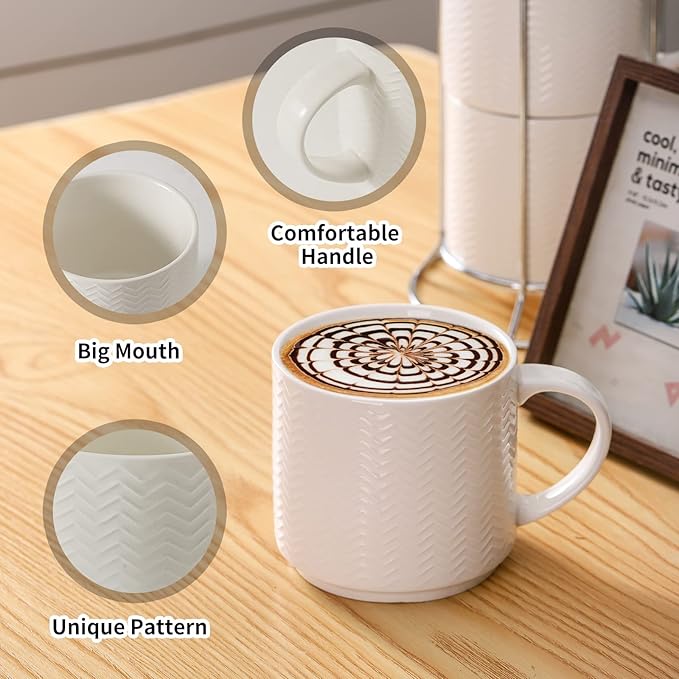 Hasense Coffee Mugs Set of 4 with Stand, 15 oz Porcelain Stackable Coffee Cups Set with handle for Tea, Latte, Milk and Cappuccino, White Embossed Tea Cups Set with Geometric Pattern for Men and Women