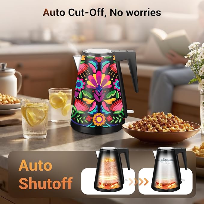 1.2L Double Wall Stainless Steel Interior Water Boiler, Cordless, 1000W Fast Boil with LED Light Coffee Pot & Tea Electric Kettle, Auto Shut-Off and Boil-Dry Protection (Green Vines)