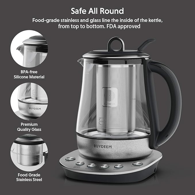 BUYDEEM K2423 Tea Maker, 316 Stainless Steel & Heat Resistant DURAN Glass Electric Kettle, Removable Infuser, Auto Keep Warm, 1.2L