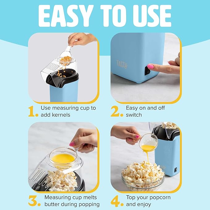 Tasty Hot Air Popcorn Popper, Healthy and Delicious Popcorn in Minutes, Fast and Easy-to-Use, Built-In Measuring Cup and Butter Warmer, 8 Cups, Blue
