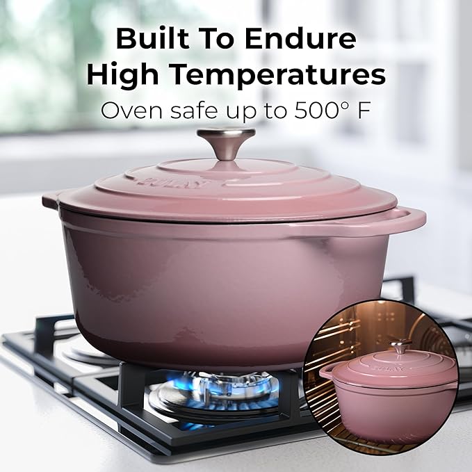 Zulay Kitchen 7.7 Quart Enameled Cast Iron Dutch Oven with Lid, Silicone Trivet & Heat Pad – Premium Durability & Oven Safe up to 500°F – Heavy Duty Cookware Perfect for Bread Baking, Stews, Braising & Roasting – Pink