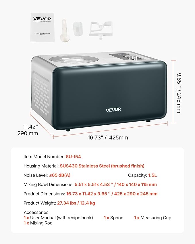 VEVOR Automatic Ice Cream Maker with Built-in Compressor, 1.5 Quart No Pre-freezing Gelato Maker, Electric Sorbet-Maker, 3 Modes Compressor Ice Cream Machine for Home Kitchen