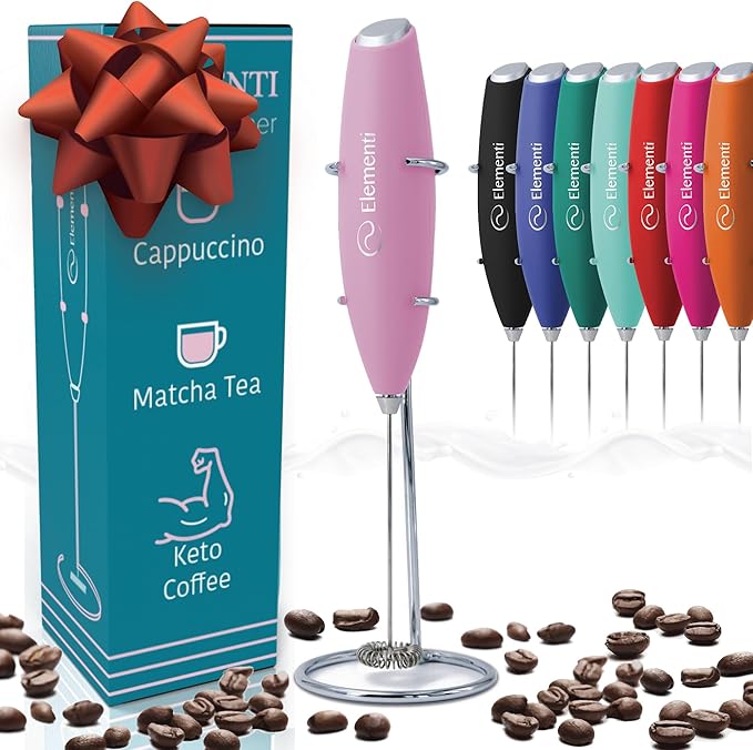 Elementi Electric Pink Milk Frother Handheld - Mini Whisk for Coffee, Matcha and Drinks - Portable Frother & Mixer with Stand - Pastel Pink
