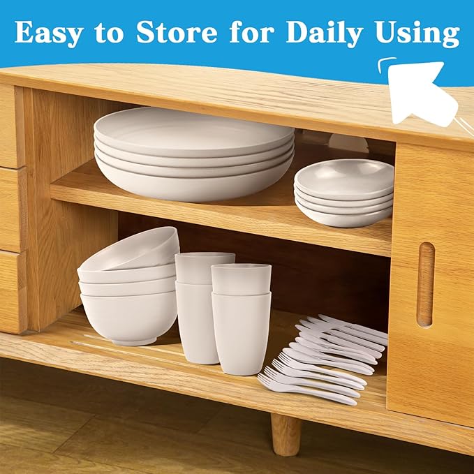 Wheat straw dinnerware sets - 28 Pieces dish sets service for 4 - Lightweight and Unbreakable Plates and Bowls Sets for Travelling and Camping.White