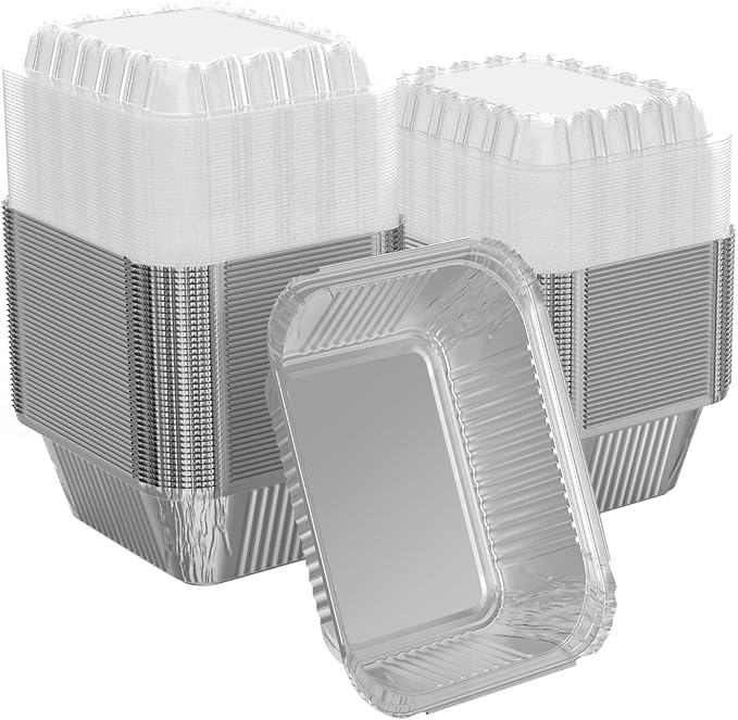 200 Pack 1 lb Rectangular Disposable Aluminum Foil Pan 16 oz Take Out Food Containers with Clear Plastic Dome Lids, for Catering, Baking, Roasting Food