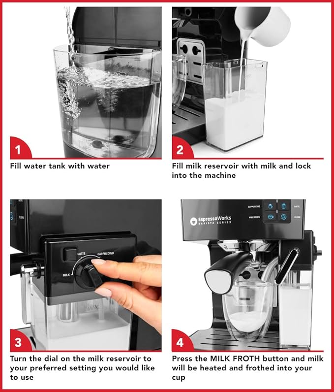 EspressoWorks 19-Bar Espresso, Latte and Cappuccino Maker 10-Piece Set - Brew Cappuccino and Latte with One Button - Espresso Machine with Milk Steamer 1250W - Coffee Gifts (Black)