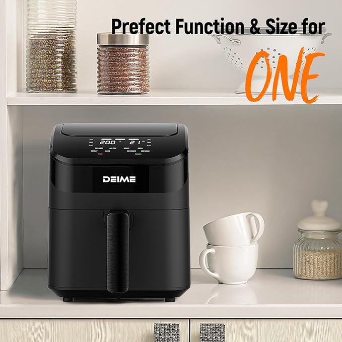 DEIME Air Fryer 4.5 Qt, Small Airfryer Digital Space Saving Compact, Bake, Reheat, Roasts for Quick Easy Meals, Mini Compact & Quiet, Nonstick & Dishwasher Safe Basket with Toast Rack (Black)