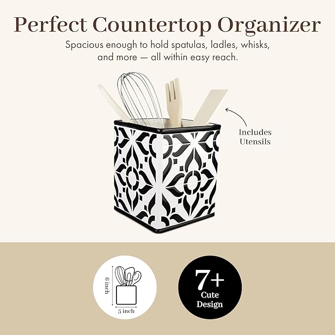 Young's Inc Moroccan Tile Design Tool Holder with Wood Kitchen Tools, Ceramic Utensil Holder for Kitchen Counter, Cooking Spoon & Spatula Holder for Counter with Utensils, 6-inch Height