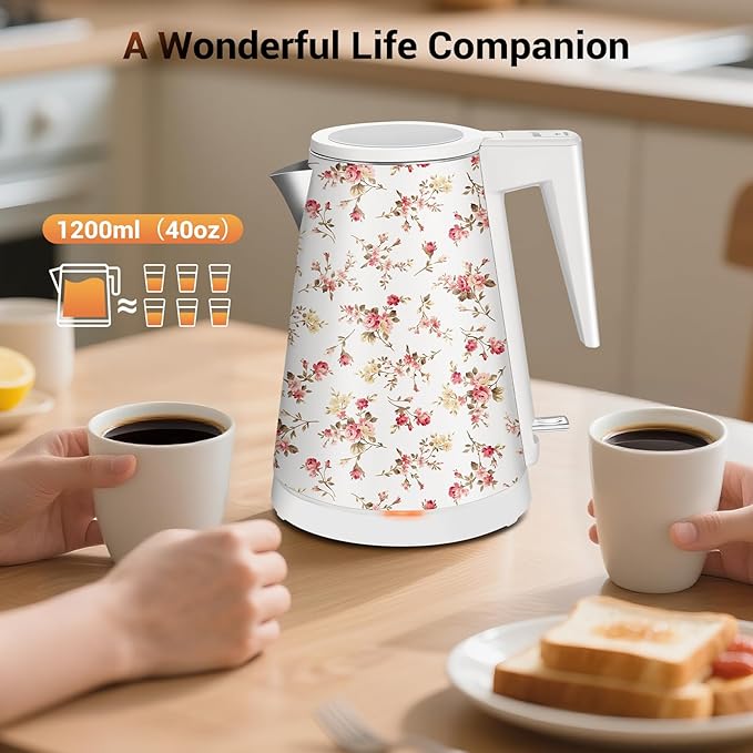 1.2L Double Wall Stainless Steel Interior Water Boiler, Cordless, 1000W Fast Boil with LED Light Coffee Pot & Tea Electric Kettle, Auto Shut-Off and Boil-Dry Protection (Red Flower)