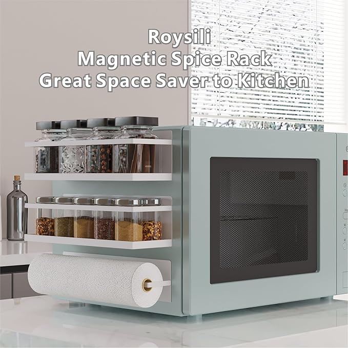Magnetic Spice Rack for Refrigerator Magnetic Fridge Shelf for Kitchen Spice Organizer Magnetic Shelf for Fridge Space Saving White 4 Pack with Magnetic Paper Towel Holder