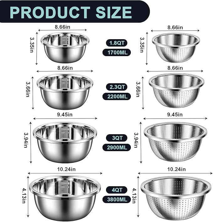 8+1 Stainless Steel Colander Set with Mixing Bowl, 4 Sizes (1.8QT, 2.3QT, 3QT, 4QT) with 1 Mesh Strainer, for Washing Rice, Fruits, Vegetables, Draining Pasta, Meat, and Spaghetti