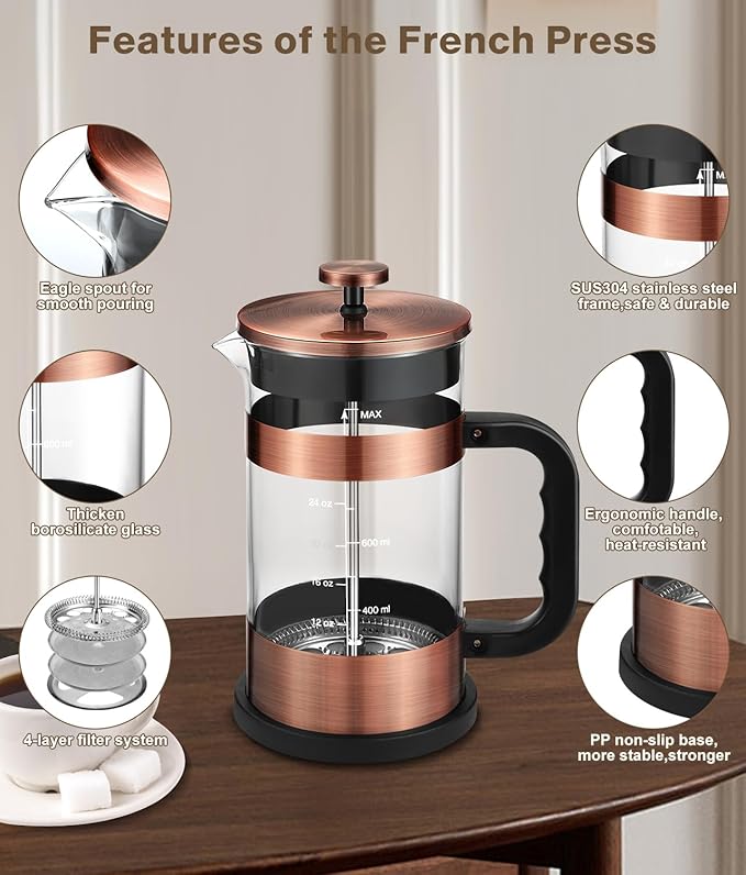 French Press Coffee Maker - 34 Ounce Classice Stainless Steel Coffee Press with 4-Level Filtration System, Heat Resistant Thickness Borosilicate Glass French Press Coffee Pot for Camping Travel Gift