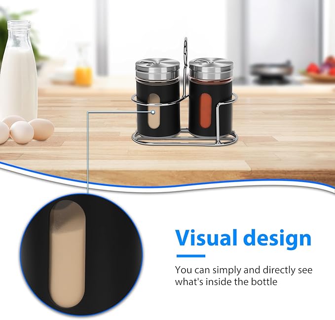 Glass Salt and Pepper Shaker Set with Seasoning Rack, Spice Rack, Adjustable Pour Hole Stainless Steel Lid, 2.8 oz, Spice Dispenser for Salt, Pepper, Spice Preservation (black)