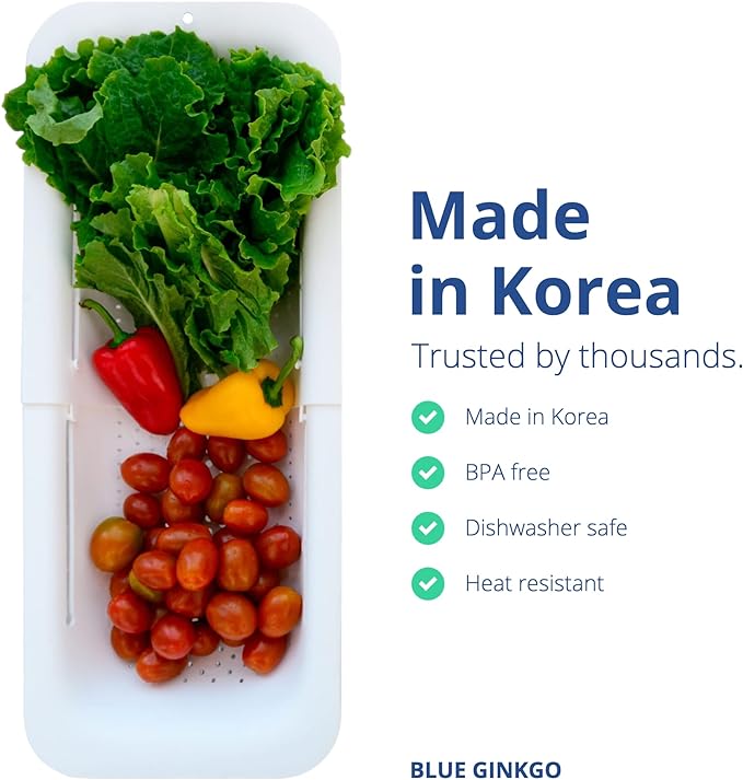 BLUE GINKGO Over the Sink Colander Strainer Basket - Wash Vegetables and Fruits, Drain Cooked Pasta and Dry Dishes - Extendable - New Home Kitchen Essentials (7.9 W x 14.5-19.5 L x 2.75 H) - White