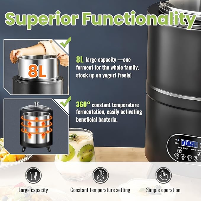 8L/8qt Yogurt Maker Machine, Yogurt Maker with Time and Temperature Control, Commercial Yogurt Maker, Black garlic fermentation machine, Sweet Rice Wine Maker for Home (black, 8L)