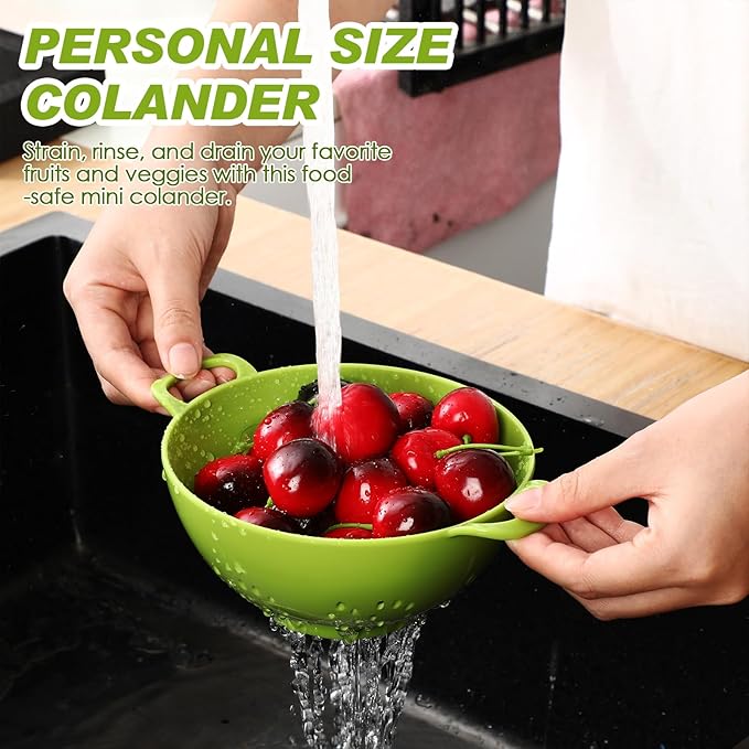 Baderke 4 Pack Mini Colander for Kitchen Plastic Berry Strainer with Double Handles 7.5 x 6 x 3 Inch Small Colander Strainer for Fruits Vegetables Food (Green, Purple, Red, Lemon Yellow)