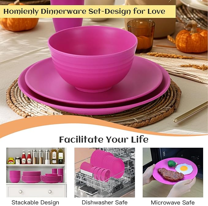 Homienly 40-Piece Kitchen Plastic Wheat Straw Dinnerware Set, Dish Set for 8, Dinner Plates, Dessert Plate, Cereal Bowls, Cups, Appetizer Plates,Unbreakable Plastic Outdoor Camping Dishes,Pink