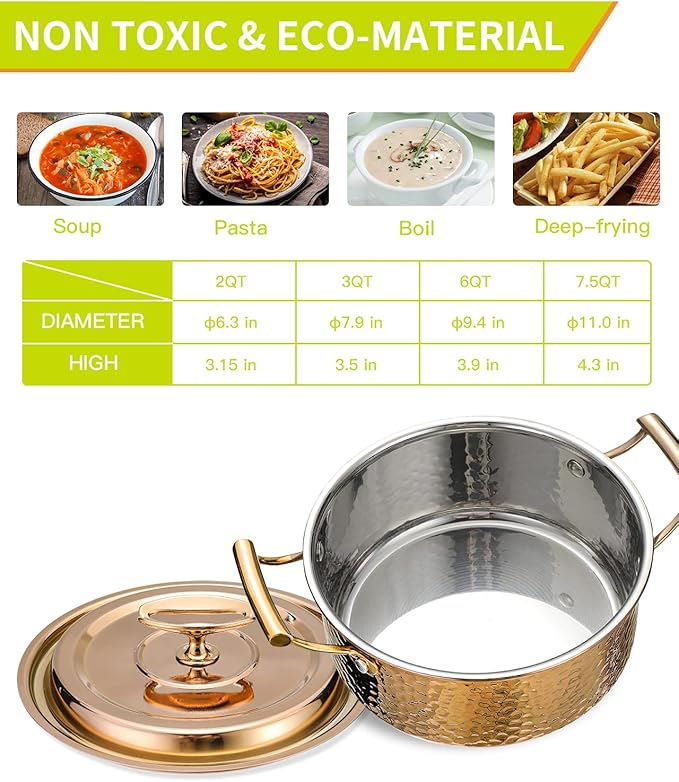 DAEDALUS 3QT Stainless Steel Stock Pot with Lid 3 Triply Clad Hammered Copper Pot, Nonstick Boiling Cookware for Home Kitchen Restaurant, Dishwasher Oven Safe Rose Gold