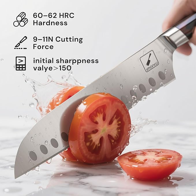 imarku Japanese Chef Knife, Ultra Sharp Santoku Knife 7 Inch, Professional Grade Powder Steel Forged Kitchen Knife, Pakka Wood Ergonomic handle, Gifts for Women and Men