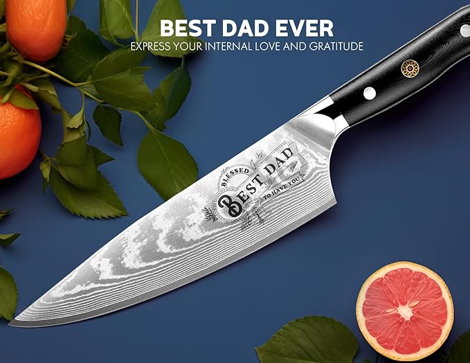 Men Gifts: Damacus Chef Knife - Gifts for Dad, Birthday Gift from Daughter Son Kids, Full Tang G10 Handle, Christmas, Thanksgiving Best Dad Ever Father Gifts