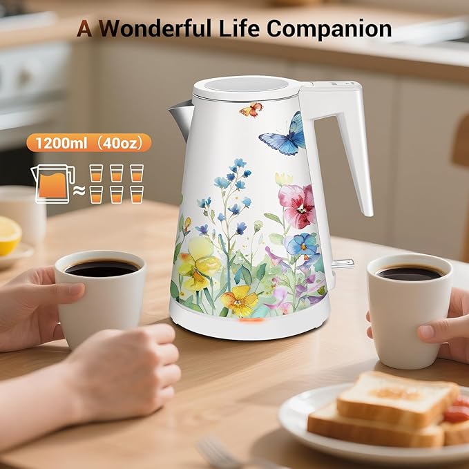 1.2L Double Wall Stainless Steel Interior Water Boiler, Cordless, 1000W Fast Boil with LED Light Coffee Pot & Tea Electric Kettle, Auto Shut-Off and Boil-Dry Protection (Garden)