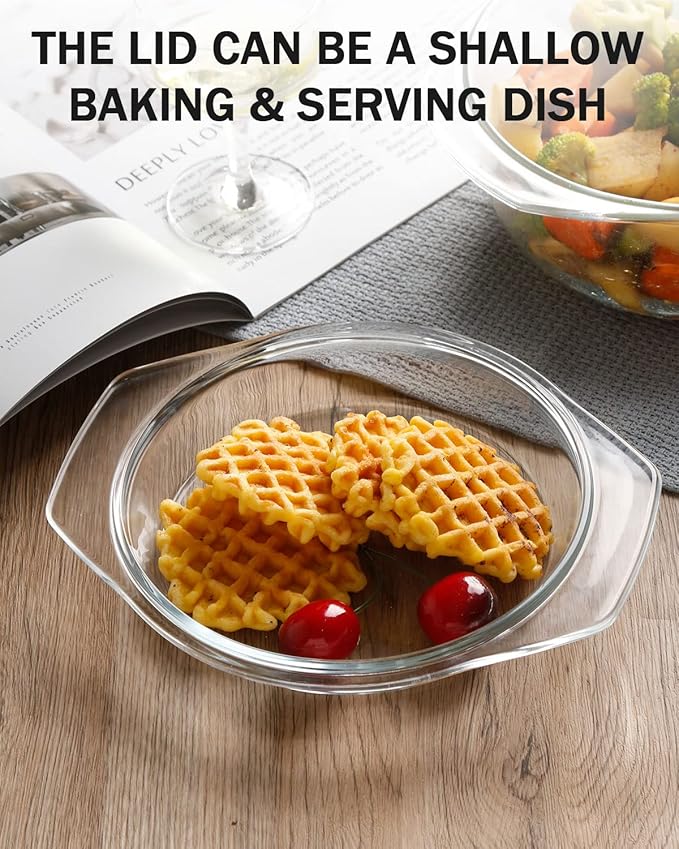 Clear Round Glass Casserole Dish With Lid Non-Plastic Lidded Casseroles Easy Grab Glass Cooking Bowls with Glass Lid, Microwave, Oven, Freezer, and Dishwasher Safe (1.5L)