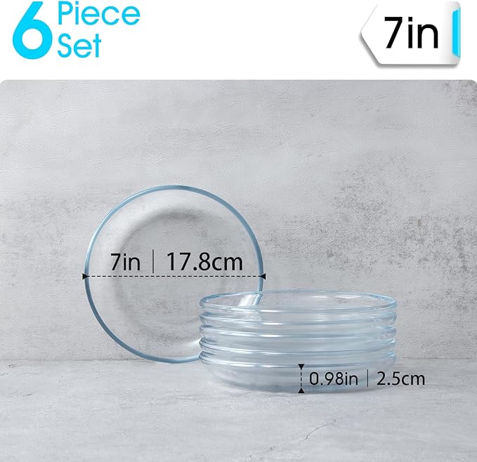NUTRIUPS 6 Pack 7in Small Glass Plates - with Lipped Edge - Clear Glass Plate, Tempered Glass Plates Set of 6, Clear Dessert Plate, Dishwasher & Microwave Safe
