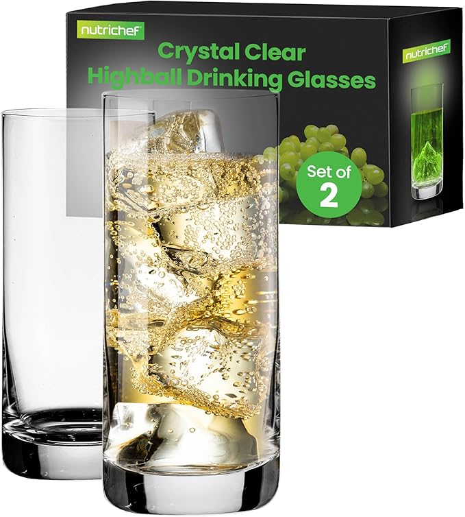 14.2oz Highball Drinking Glasses - Set of 2 Heavy Base Tall Tumbler Clear Glassware for Water, Wine, Beer, Liquor, Gin, Cocktail, Whiskey, Juice, Iced Coffee, Mixed Drinks, Dishwasher Safe