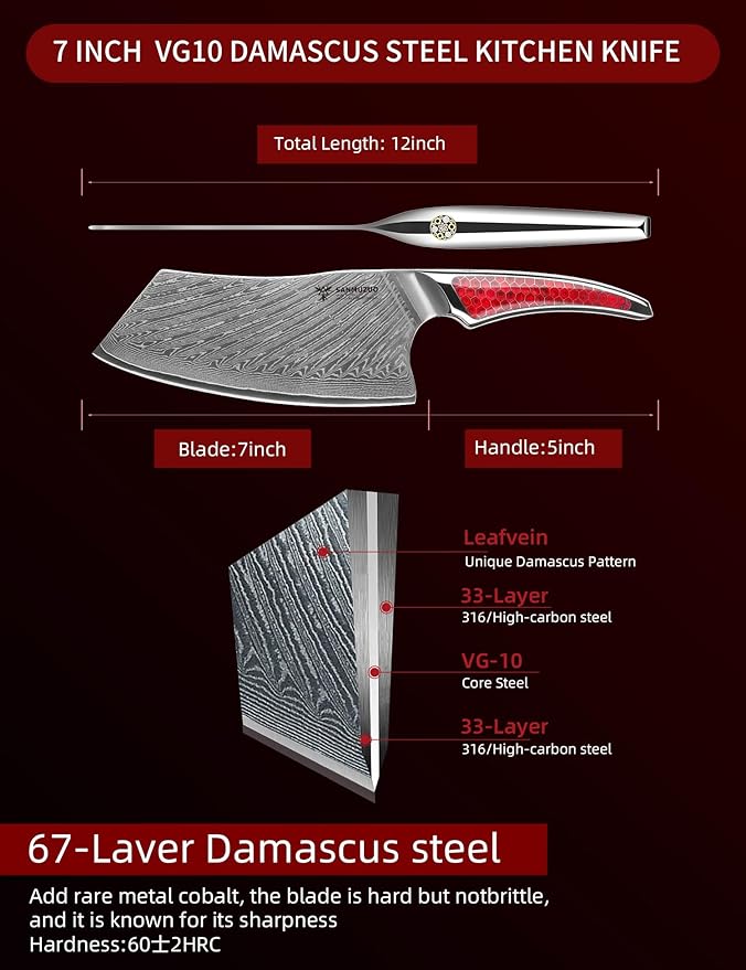 7 inch Nakiri Knife, Japanese VG-10 Damascus Steel Meat Cleaver, Ultra Sharp Vegetable Knife with Full-tang Handle in Red Resin, LA-S9 Series