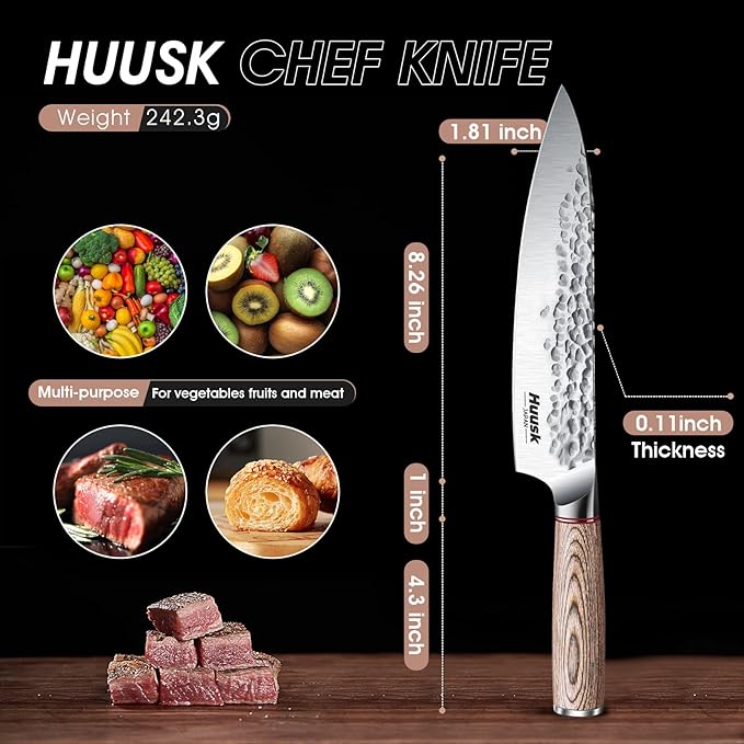 Huusk Chef Knife 8-inch,Professional Hand Forged High Carbon Steel Japanese Gyutou Chef Knives,Kitchen Cooking Knife for Meat Vegetables Cutting,Chef Gift for Men Women