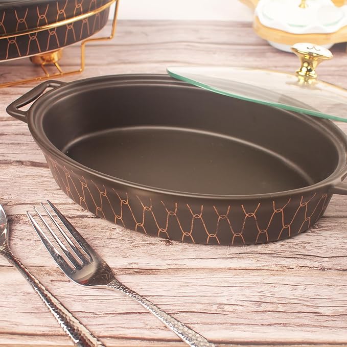 11" X 7.5" Ceramic Oval Casserole Dish with Glass Lid, 1.3 Quart Serving Soup Tureen,Chafing Dish for Buffet, Family Food preserve Tray, Catering Casserole for Party Style, Black