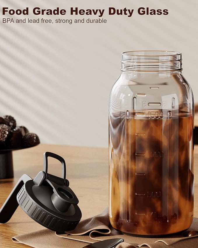 Cold Brew Coffee Maker 64oz, Iced Coffee Maker with 304 Stainless Steel Filter, Mason Jar Pitcher with Lid and Spout (Black)