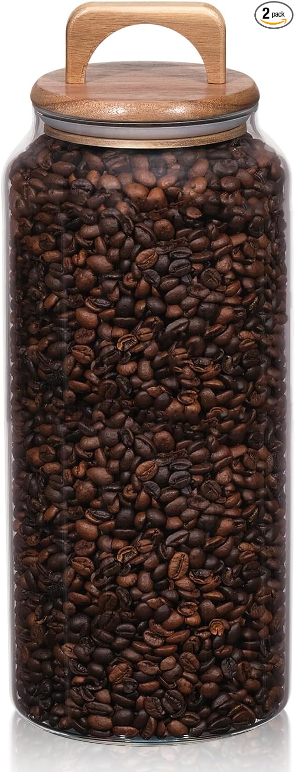 WHJY 2 pack 1/2 Gallon Glass Jars with Wood Lids Flour Sugar Storage Containers for Kitchen Pantry Large Airtight Clear Canister for Coffee Bean Snacks Dried Goods