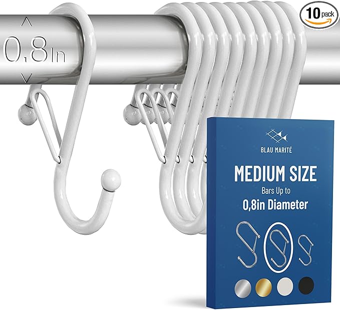 10-Pack Metal S Hooks for Hanging – Heavy-Duty S-Shaped Hooks with Safety Buckle – Fits Bars up to 0.8 in – Anti-Drop S-Hooks for Kitchen, Bathroom, Closet & Pot Racks – White (Medium)